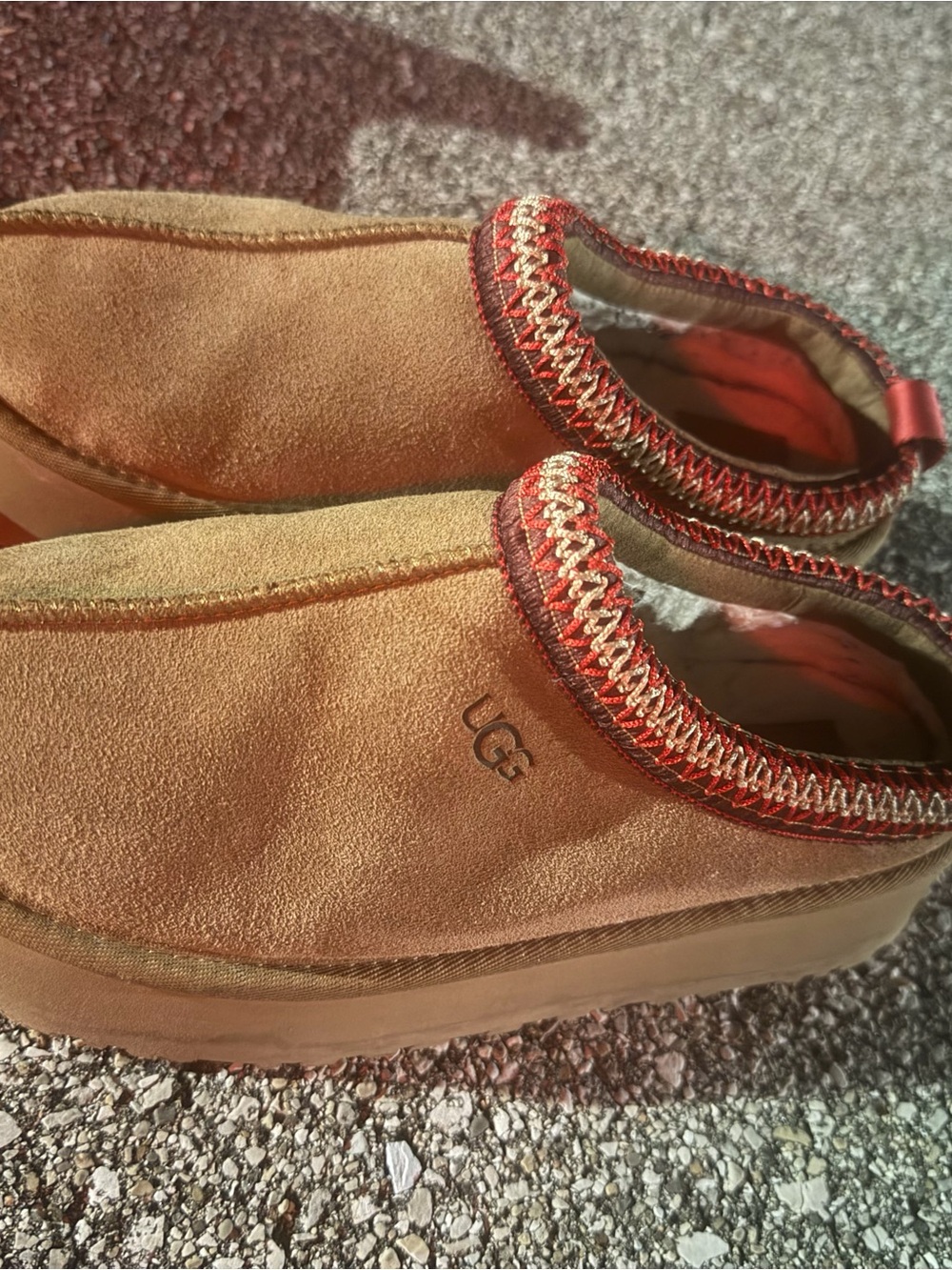 UGG Women’s Chestnut Suede Slip-On Moccasin with Red Trim